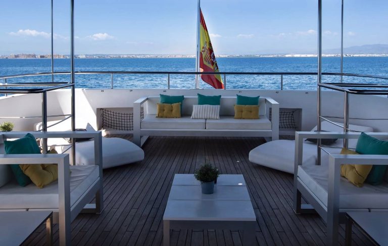 Stern table of Explorer 92 Boramar - Event boat in Ibiza